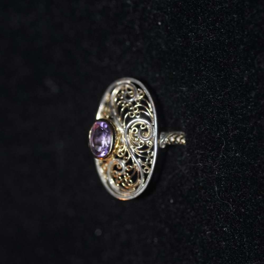 Sterling Silver Scroll Designer Amethyst Ring